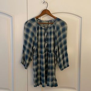 Maeve plaid button-up peasant top in teal and cream